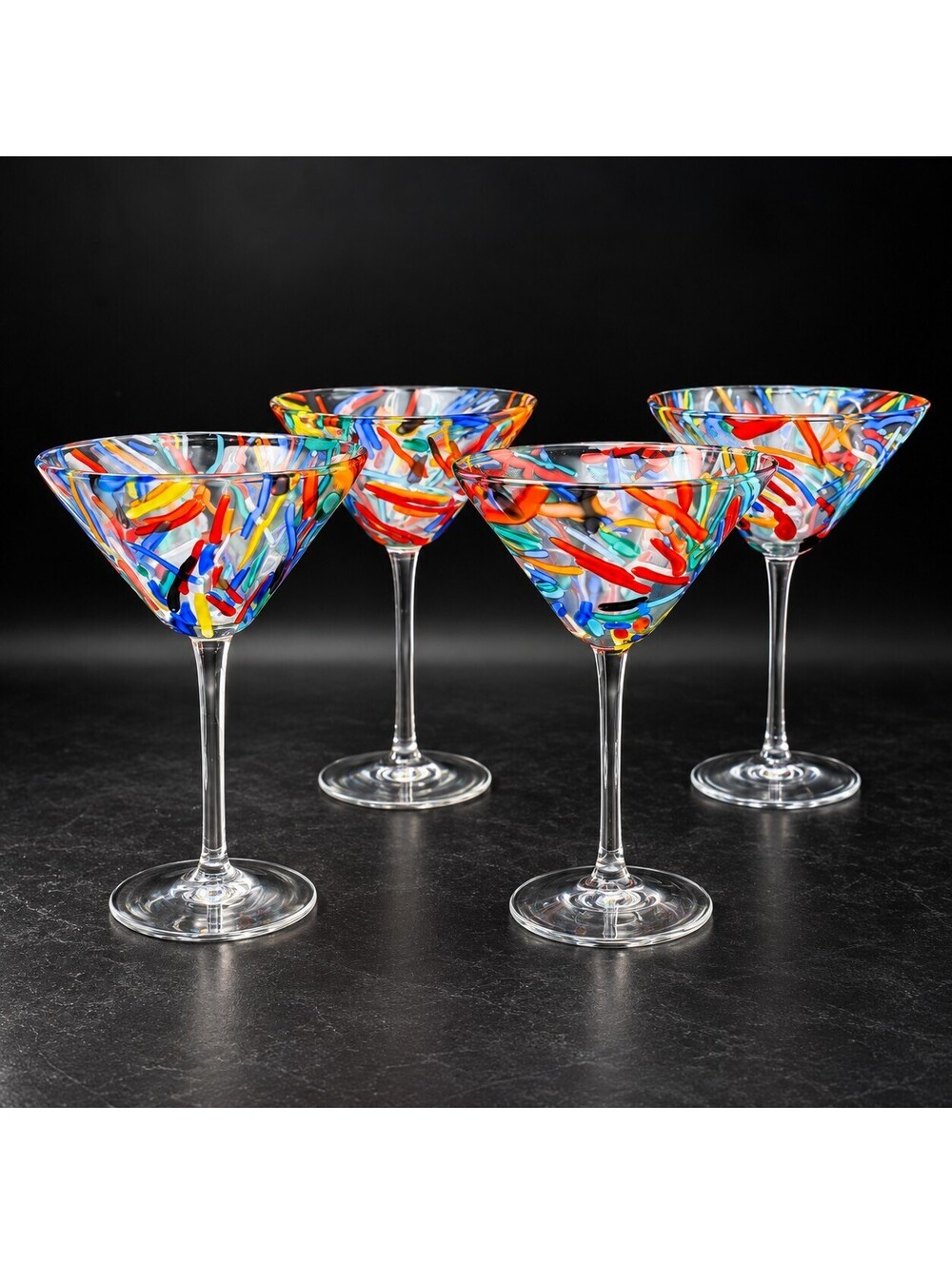 Vintage Set of 4 Colorful Confetti Art Glass Martini Cocktail Glasses